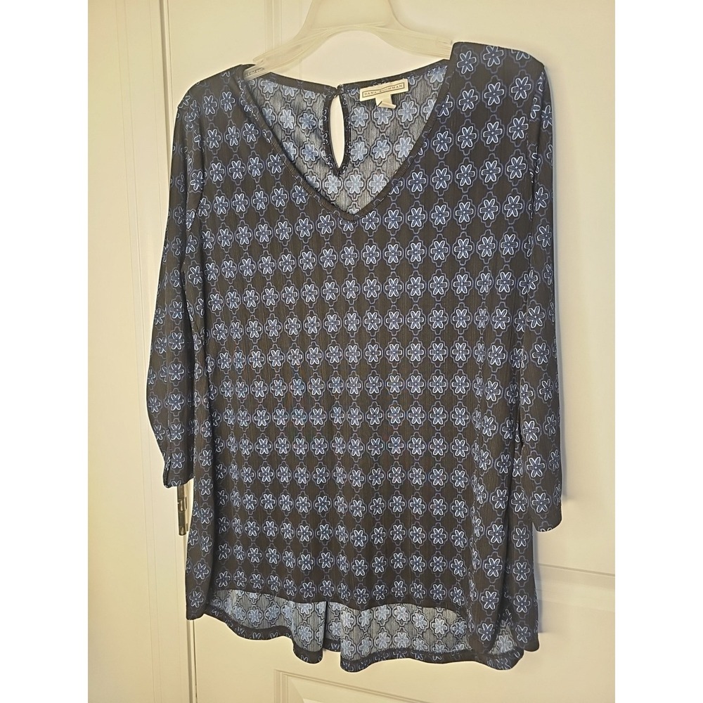 Dana Buchman Blouse Womens L Black Blue Floral V Neck 3/4 Sleeve Designer Top